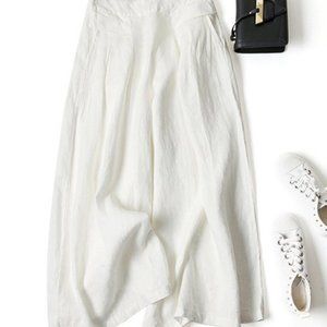 White Cotton Blend Wide-Leg Crop Pants